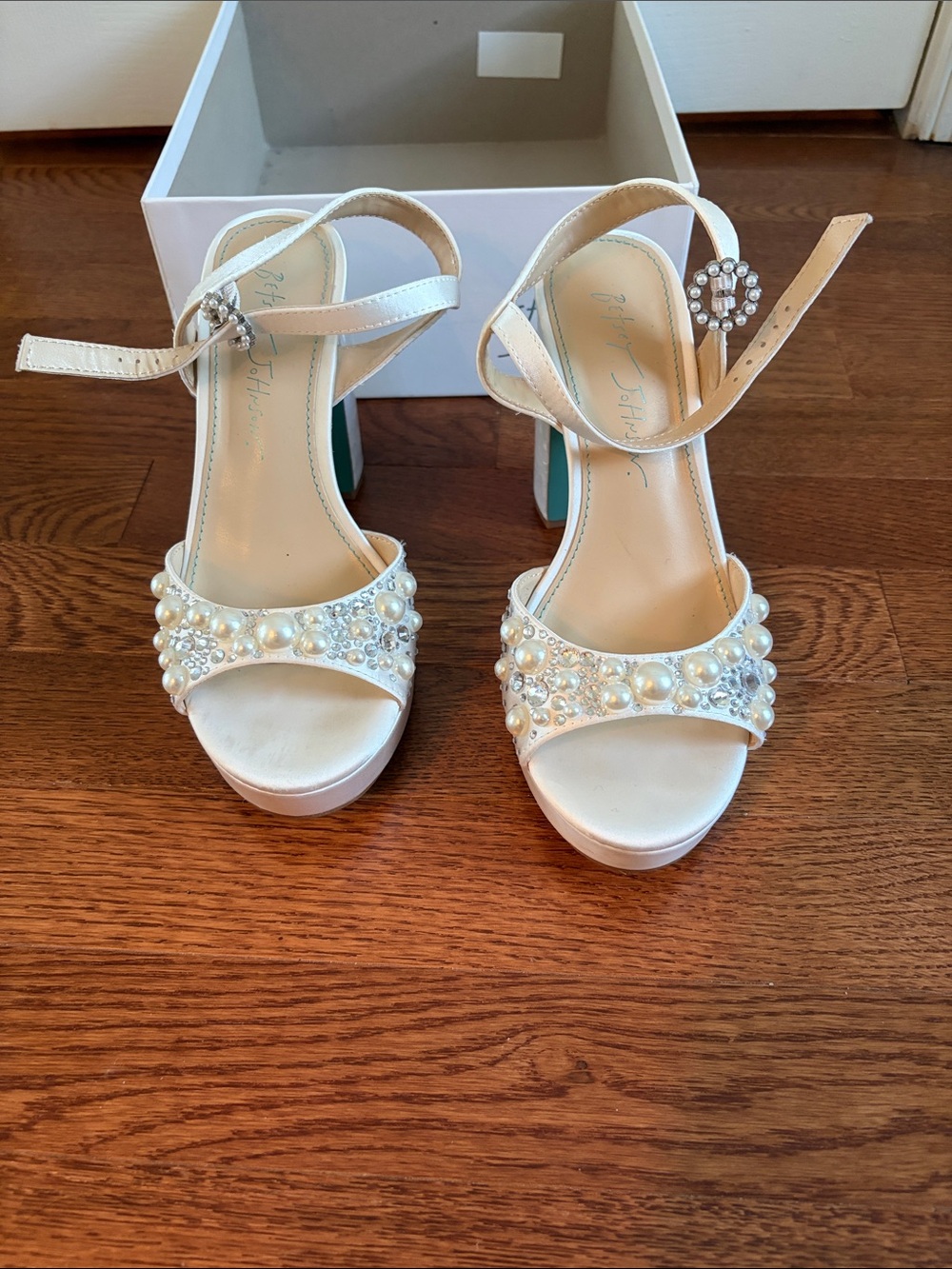 Betsey Johnson Cream Pearl & Crystal Ankle Strap Heels